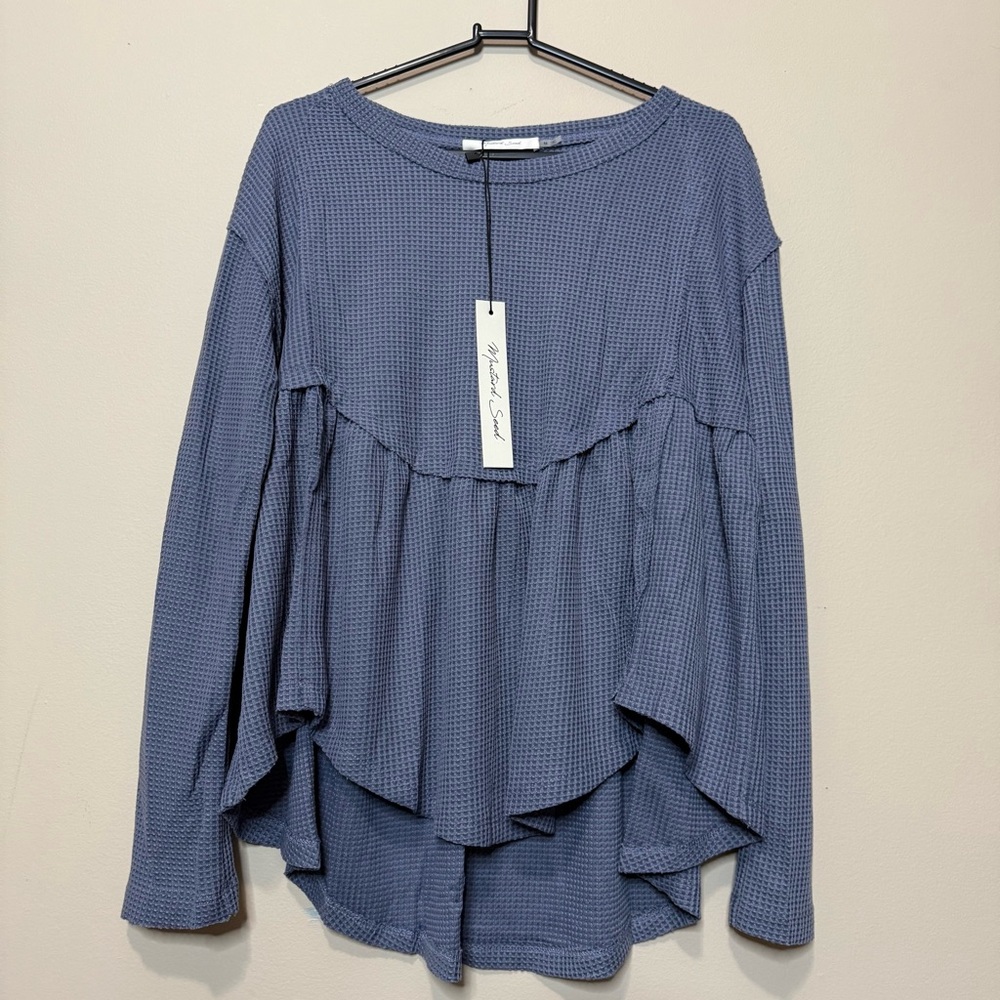 Mustard Seed Blue Ruffled Waffle Knit Blouse